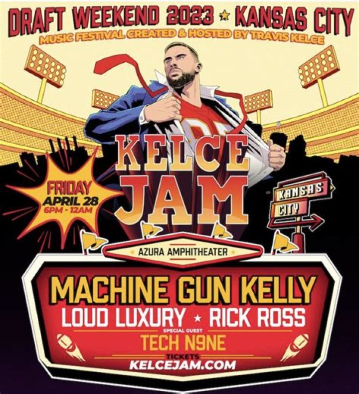 
Watch: Travis Kelce joins Machine Gun Kelly, Rick Ross at Kelce Jam music, food festival 