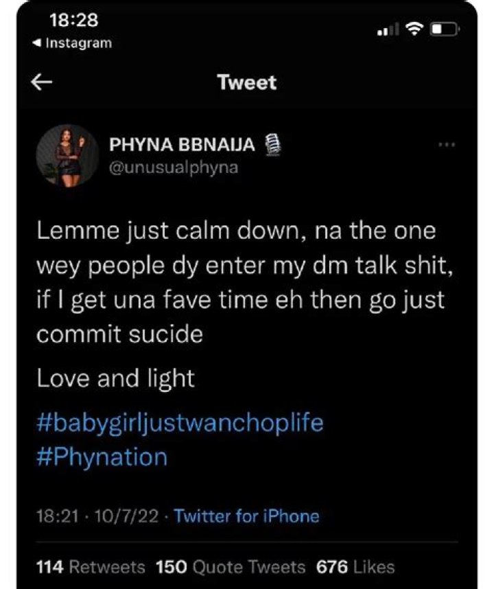 
“What Will Happen If I Have Your Fave’s Time”- BBNaija’s Phyna Writes In Now Deleted Tweets 